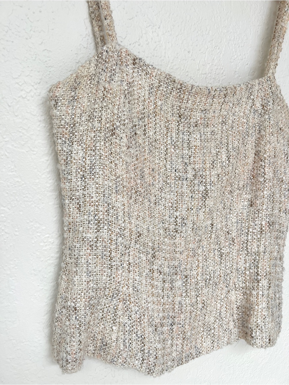 VINTAGE boucle textured beige knit spaghetti strap tank top / XS-S - Picture 2 of 7